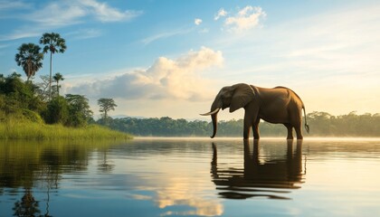 Fototapeta premium Elephant in the Water at Sunset