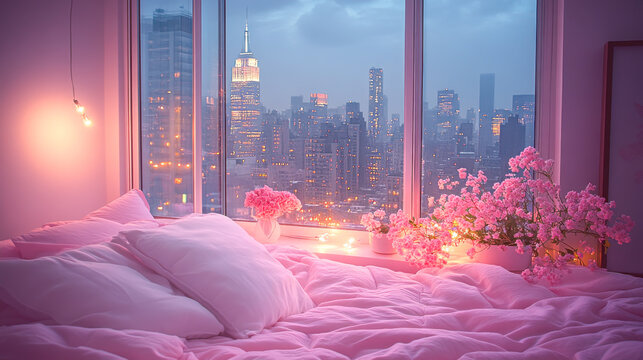 Fototapeta Modern style luxury pink master bedroom with blurry city view in the night background
