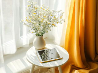 top view product closeup, from top to bottom, tablet on small white side table