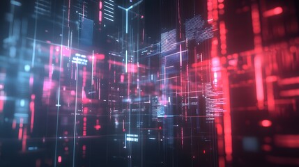 Abstract digital network with red and blue glowing lines and text.