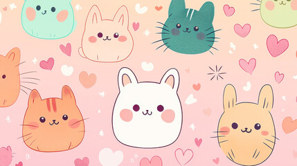 Fototapeta premium Cute flat pattern with cartoon cats and hearts on white background