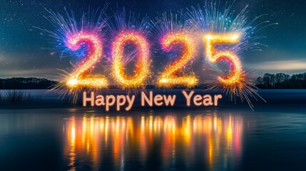Vibrant explosions of light and color in the night sky create the number "2025," with radiant light trails illuminating the area, "Happy New Year" in a glowing, 