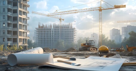 A realistic construction site with cranes, blueprints and tools in the foreground, behind which is an abstract building under destruction