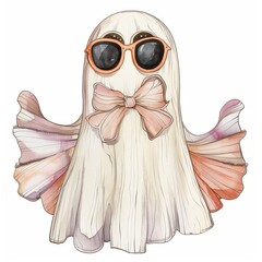 Stylish Cartoon Ghost with Sunglasses and Bow Isolated on White Background