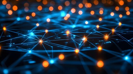 Obraz premium Abstract Network with Interconnected Blue Lines and Glowing Orange and Blue Nodes