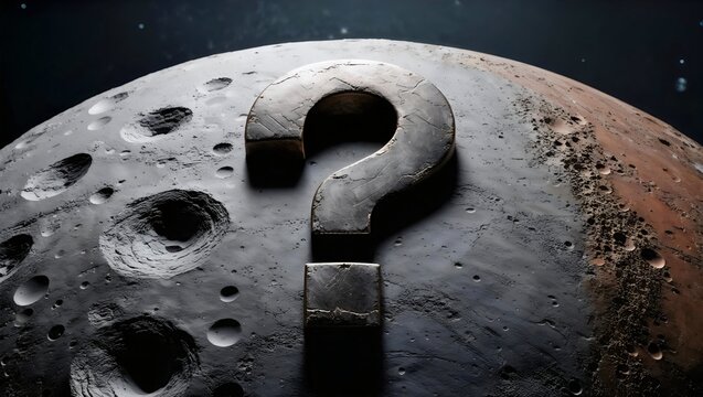 Mysterious Moon Surface Featuring a Large 3D Question Mark Carved into Rugged Craters, Evoking Curiosity and Exploration in a Dramatic Celestial Scene of Shadows and Light