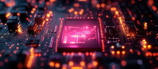 Obraz premium A close-up view of a circuit board with glowing components, showcasing technology and design.