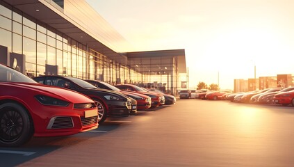 A red modern car is parked in the parking lot of an exhibition center, surrounded by other cars and people. The sun sets behind it, 