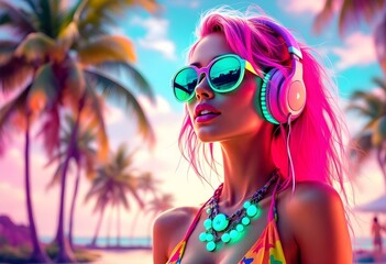 Vibrant Summer Vibes Woman in Headphones and Sunglasses at Sunset Beach