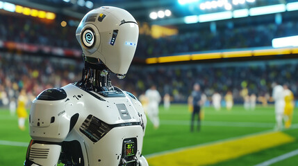 A robot referee monitoring a soccer game, equipped with advanced sensors and cameras