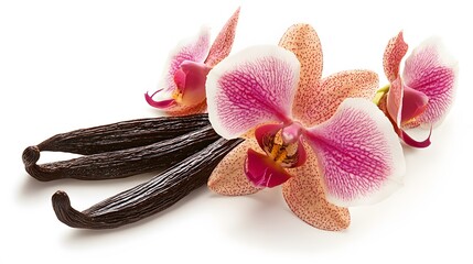 Vanilla pods and orchid flower isolated on white background. 