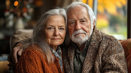 Elderly couple enjoying a cozy moment indoors during fall, dressed warmly and embracing each other with fondness and warmth