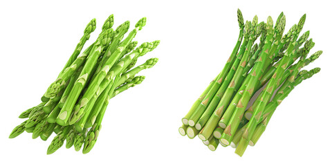 3D illustration of a bunch of green asparagus spears, ultra-sharp and clear, isolated on white background