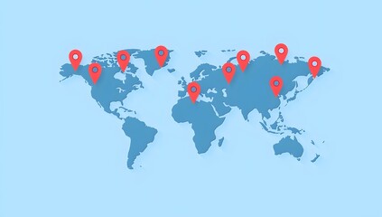 A simple, flat vector design of a world map with pins on various cities, representing global presence and business growth.