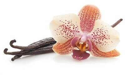 Vanilla pods and orchid flower isolated on white background. 