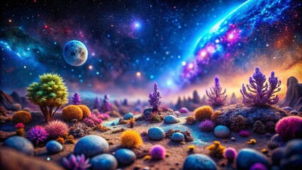 Fototapeta premium Stunning Tilt-Shift Alien Landscape with Purple and Blue Hues Under a Starry Night Sky