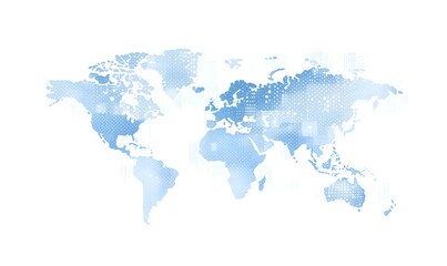 A simple vector illustration of the world map made up of dots, with a flat design, white background, and a light blue color theme featuring light gray and sky-blue tones.