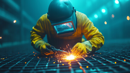 A skilled welder in protective gear works diligently on a metal surface, creating sparks in a dimly lit industrial environment.