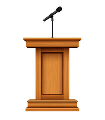 Wooden podium with microphone, white isolate background