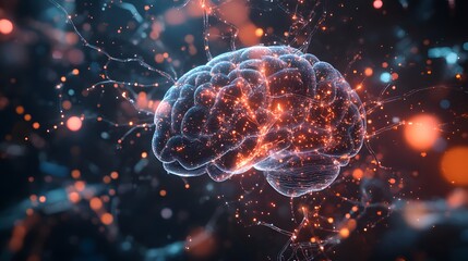 Obraz premium Glowing Wireframe Brain with Sparks and Bokeh