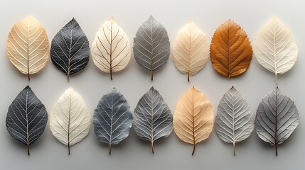 A row of 14 autumn leaves in various shades of brown, beige, grey, and white, arranged in a neat pattern on a white background.