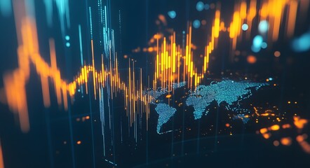 A stock market chart going up, with a blue background. Stock candlestick charts feature yellow and orange lines moving upward,