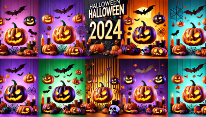 Obraz premium Halloween 2024 Pumpkin Decorations with Colorful Backgrounds 