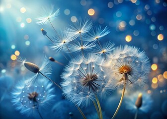 Surreal Close-Up of Dandelion Seeds Against a Dreamy Blue Background for Nature Lovers