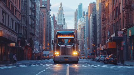 Obraz premium A truck navigating through a city street with tall buildings