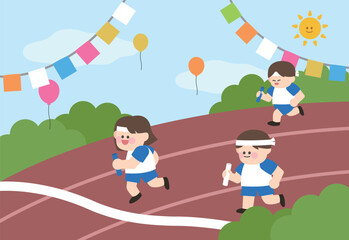 a cartoon picture of children running on a track