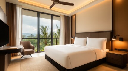 Modern Hotel Bedroom with View of Lush Green Landscape