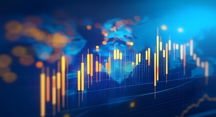 A stock market chart going up, with a blue background. Stock candlestick charts feature yellow and orange lines moving upward,