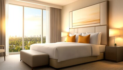 Luxury hotel room bedroom with bed and cityscape view