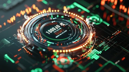 Futuristic Crypto Market Countdown Timer on Digital Trading Interface with Green and Red Candlestick Charts