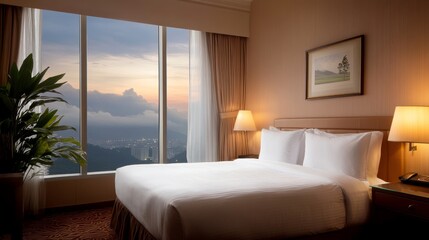 Luxury Hotel Room with City View and Sunset