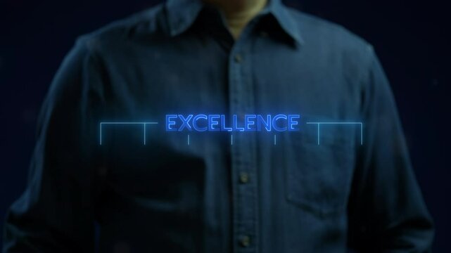 Businessman shows glowing neon line banner of EXCELLENCE concept with icons of innovation, service, competence, satisfaction, motivation, passion and success on virtual screen.