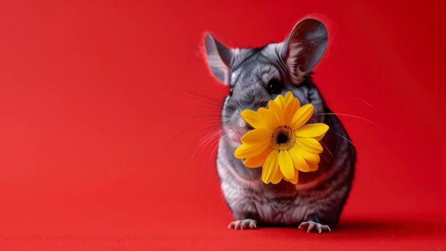 A cute chinchilla poses with a vibrant yellow flower against a bright red background