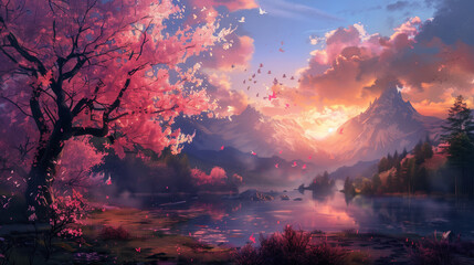 Fototapeta premium A painting of a large cherry blossom tree in full bloom by a lake, with a mountain in the background at dusk