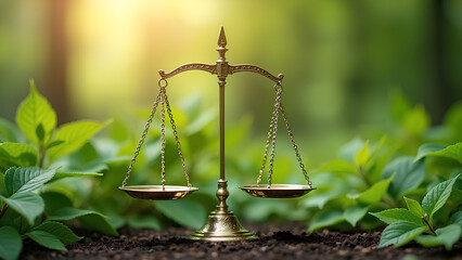 Scales of justice amidst green foliage symbolize the balance between law and environmental protection