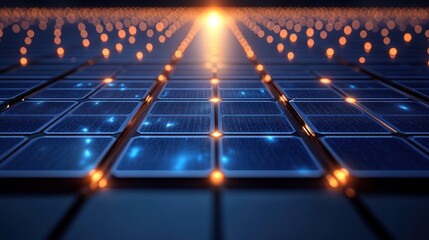 A futuristic view of solar panels with glowing lights, symbolizing renewable energy.