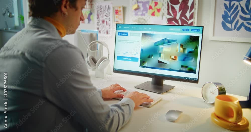 Poster young man types text prompt in artificial intelligence software on personal computer. ai image gener