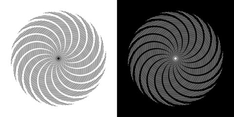 Abstract background with stripes pattern in circles. Spiral art design as a logo or icon. A black figure on a white background and the same white figure on a black side. Unique line pattern mandala.