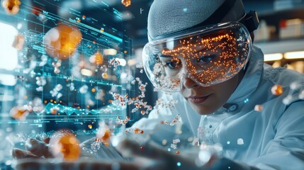 Futuristic Pharmaceutical Researcher in VR Analyzing Drug Interactions and Toxicity with Molecular Data Visualizations