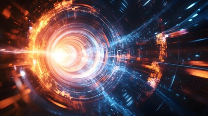 Obraz premium Abstract Digital Tunnel with Glowing Orange and Blue Lines