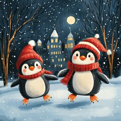 vector illustration Penguins wearing Christmas hats skating on ice 