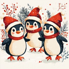 Fototapeta premium Penguins wearing Christmas hats skating on ice in cartoon style