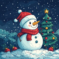 Fototapeta premium vector illustration Cheerful snowman with a scarf and hat standing by a Christmas tree
