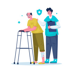 Male nurse caring for elderly patient with leg pain vector illustration