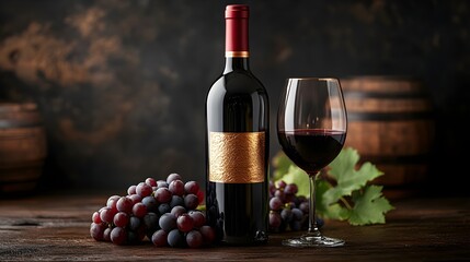 Obraz premium Premium wine bottle with embossed gold foil label, elegant design, wine glass and grapes arranged on dark wooden table, photorealistic style, isolated on white background