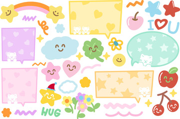 Cute illustrations of heart, star, clover leaf, cherry, apple, flowers, text bubbles, cloud, cat, rainbow for cartoon, character, animal, card print, sticker set, floral, summer, chatting, dialogue